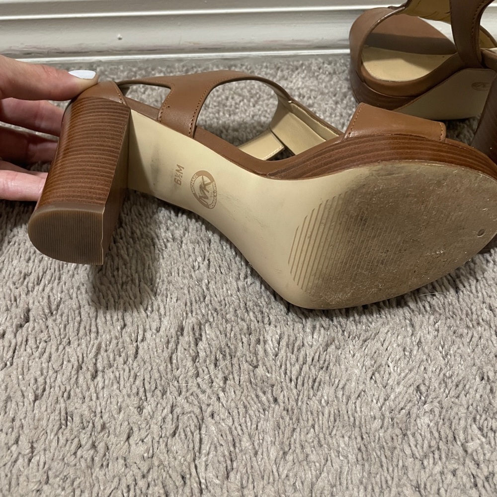 Michael Kors Brown Leather T-Strap Block Heel Sandals - Picture 6 of 8
